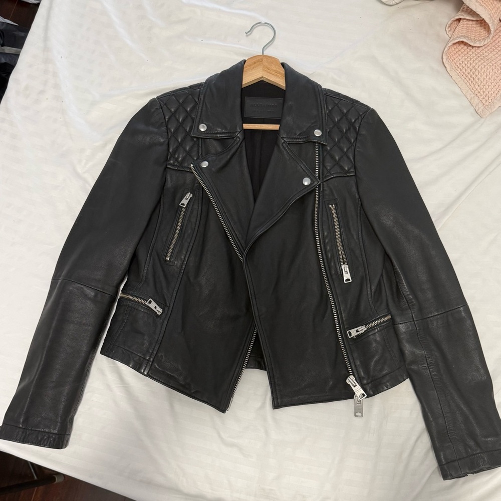 All Saints Quilted Black Leather Catch Biker Jacket